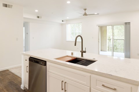 A kitchen with a white countertop and a stainless steel dishwasher.