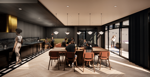 A modern dining room with a long table and chairs, a bar area, and a statue on the left side.