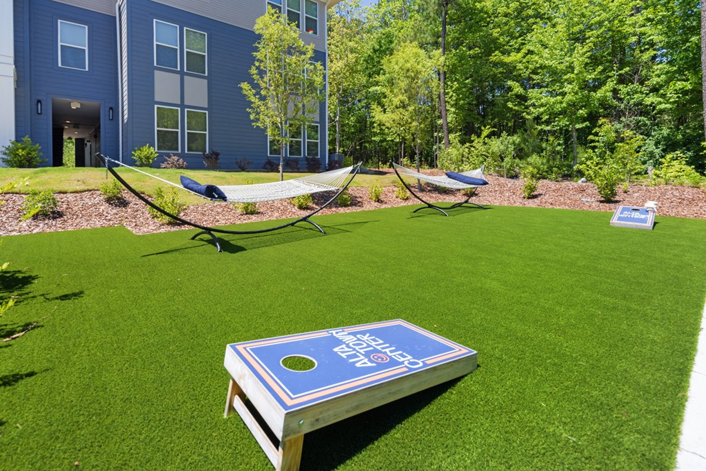 A blue book with a hole in the middle is on a green lawn.