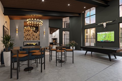 A modern living room with a pool table and a television displaying a sports game.