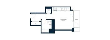 A floor plan of a living room with a living/sleeping area and terrace.