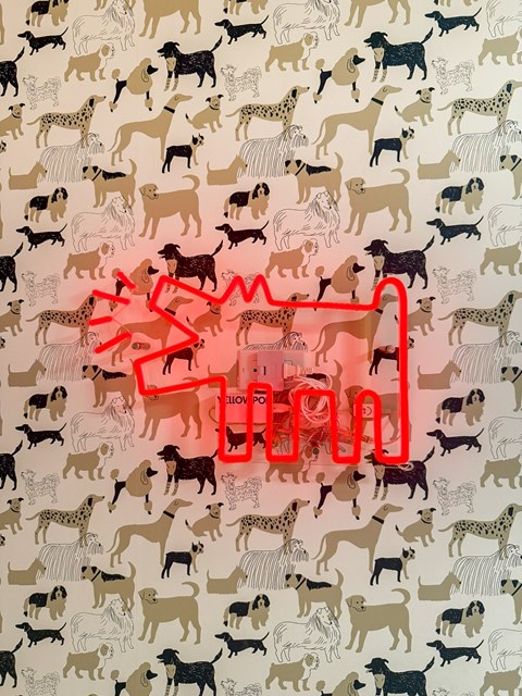 A red outline of a dog is superimposed on a background of various dog silhouettes.