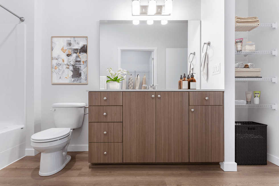 a bathroom with a wooden vanity and a toilet