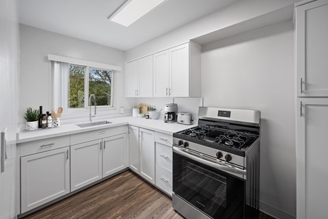 A modern kitchen with white cabinets and a stainless steel stove.