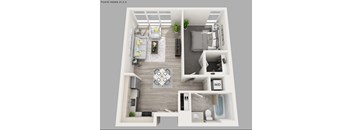 A 3D floor plan of a small apartment with a living room, kitchen, and bathroom.