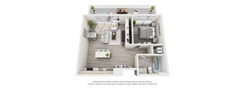 A 3D floor plan of a small apartment with a living room, kitchen, and bedroom.