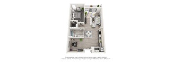 A 3D floor plan of a small apartment with a kitchen, living room, and bedroom.
