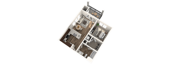 A 3D floor plan of a house with a kitchen, living room, and two bedrooms.