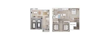 A floor plan of a house with two cars parked in the garage.