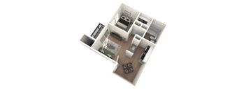 A 3D floor plan of a house with a kitchen, living room, and one bedrooms.
