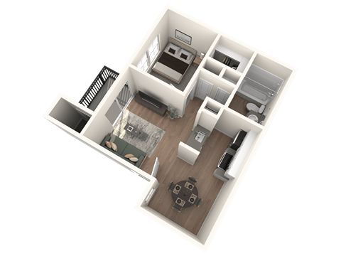 A 3D floor plan of a house with a kitchen, living room, and one bedrooms.