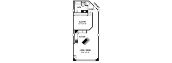 a floor plan of a small house with a kitchen and a bedroom