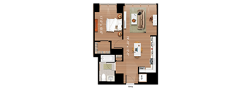 A floor plan of a room with a bed, a desk, a couch, and a chair.