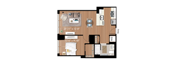 A floor plan of a small apartment with a living room, kitchen, and bathroom.