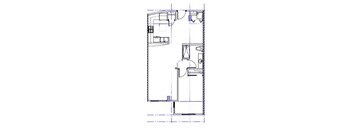 A floor plan of a house with a kitchen, living room, and bathroom.