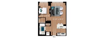 A floor plan of a room with a bed, a desk, a chair, and a toilet.
