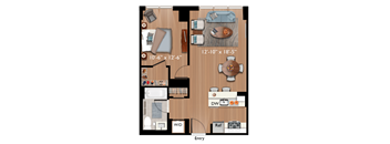 A floor plan of a small apartment with a living room, kitchen, and bathroom.