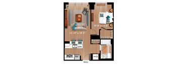 A floor plan of a small apartment with a living room, kitchen, and bathroom.