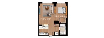 A floor plan of a small apartment with a living room, kitchen, and bathroom.