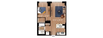 A floor plan of a room with a reference, a bed, a desk, a couch, and a chair.