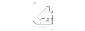 A floor plan of apartment A08 with one bedroom, one bath, and 840 square feet.