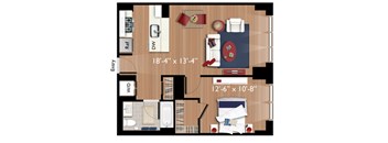 A floor plan of a small apartment with a living room, kitchen, and bathroom.