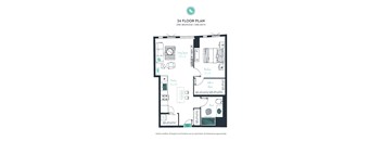 A floor plan of a 24 floor apartment with one bedroom and one bath.