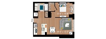 A floor plan of a room with dimensions and furniture layout.