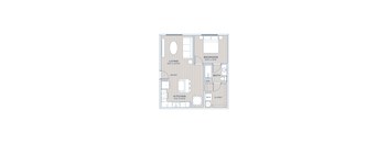 A floor plan of a small apartment with a living room, kitchen, bedroom, and bathroom.
