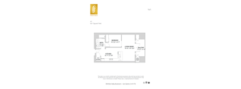 A drawing of an apartment layout with a bedroom, living room, kitchen, and bathroom.