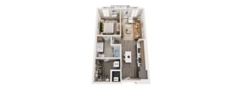 A floor plan of a small apartment with a kitchen, living room, and bathroom.