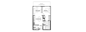 A floor plan of a small apartment with a private outdoor space.