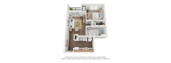 A 3D floor plan of a small apartment with a kitchen, living room, and bathroom.