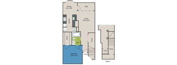 A floor plan of a house with a bedroom, bathroom, kitchen, dining area, and living room.