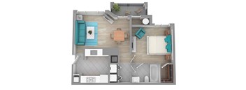 A top-down view of a small apartment with a kitchen, living room, and bathroom.