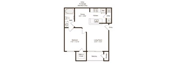 A floor plan of a one bedroom apartment with a living room, dining room, kitchen, and bath.