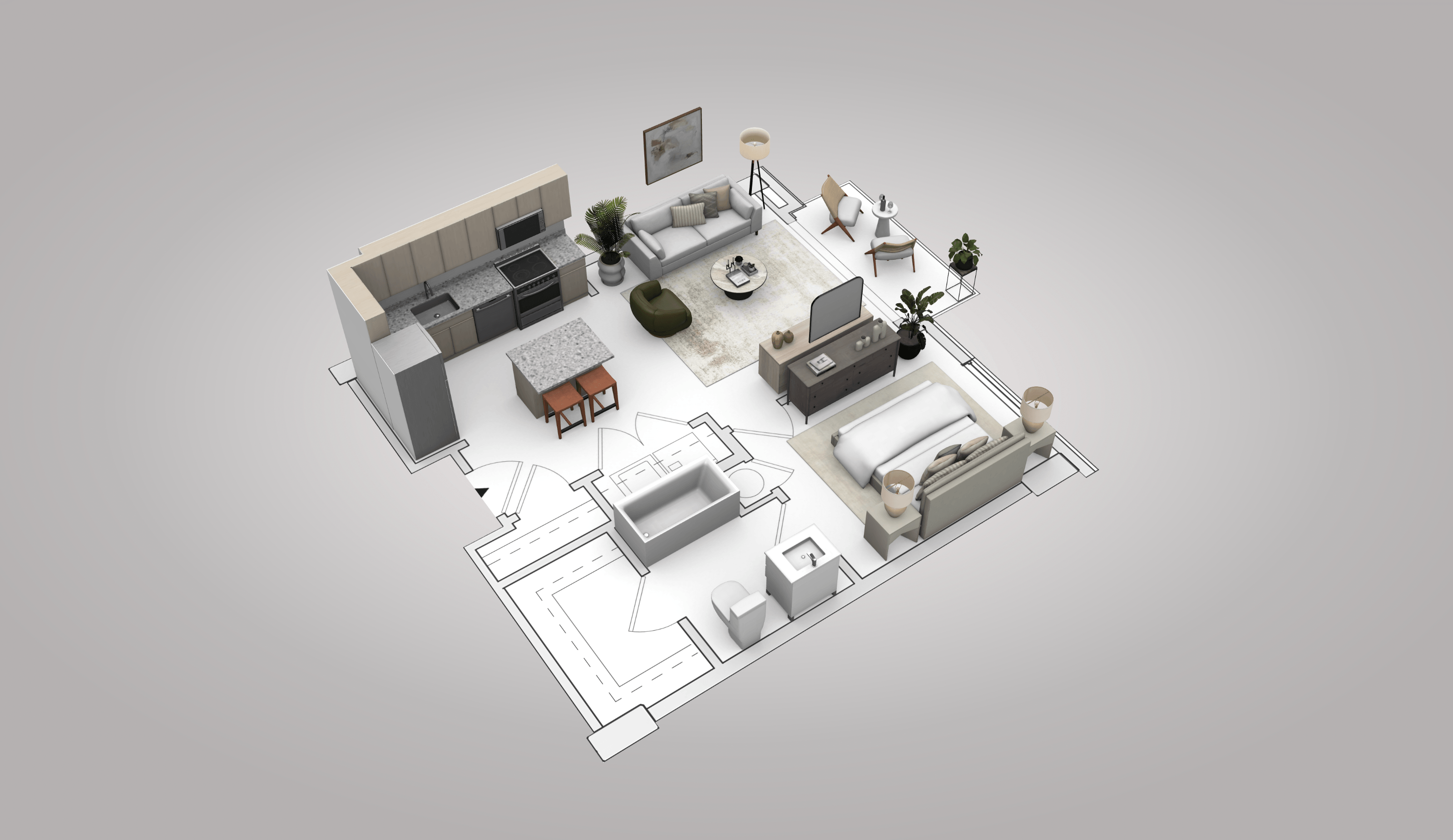 A 3D rendered image of a modern house layout.