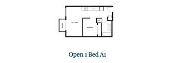A black and white image of a floor plan for an Open 1 Bed Apartment.
