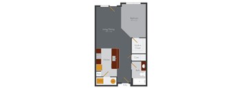 a floor plan of a living room with a bedroom and a kitchen