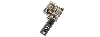 A 3D rendered image of a house layout with two bedrooms, a living room, a kitchen, a bathroom, and a garage.
