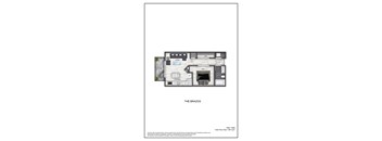 A floor plan of a one bedroom apartment with a living room, kitchen, patio, and bathroom.