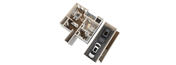 A 3D rendered image of a house layout with a garage.