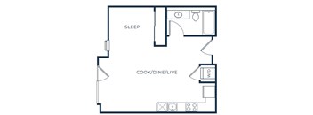 a floor plan of a studio apartment with a bedroom and a living room