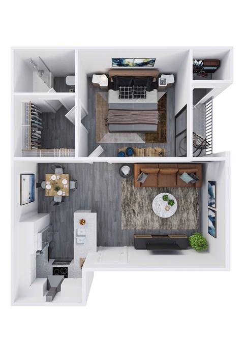 A top-down view of a modern apartment with a kitchen, living room, and bathroom.