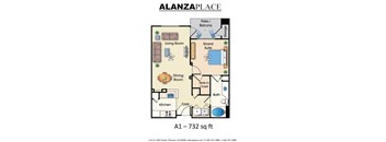 one bedroom one bathroom 732 Sq.Ft. Floor plan at Alanza Place, Phoenix, AZ