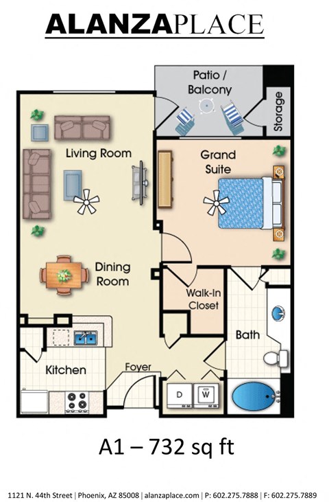 one bedroom one bathroom 732 Sq.Ft. Floor plan at Alanza Place, Phoenix, AZ