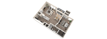 A 3D floor plan of a house with multiple rooms and furniture.