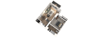 A top-down view of a house layout with a living room, kitchen, dining area, and one bedroom.