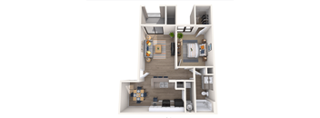 A 3D floor plan of a small apartment with a kitchen, living room, and bedroom.