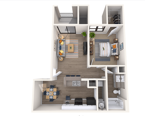 A 3D floor plan of a small apartment with a kitchen, living room, and bedroom.